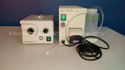 Lot of 1 x Olympus Endoscopic Flushing Pump OFP - w/ Footswitch (Powers up) and 1 x Olympus Halogen Light Source CLK-4 (Powers up - Bulb to be replaced - See Pictures) *7315719/2915234*