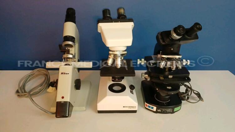 Lot of 1 x Nikon Microscope (Unknown Model) and 1 x Eschenbach Microscope Kolleg SHB 45 and 1 x Heerbrugg Wild M20 (All - No Power - Damaged - See Pictures)