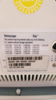 Lot of 1 x Datascope Vital Signs Monitor Trio (Powers up) and 1 x Welch Allyn Vital Signs Monitor Propaq Encore 202 EL (no power) and 1 x Caradyne Oxygen Respiratory Monitor including Whisper Flow 2 (Powers up) *DA016093/MC16145E6/820060085* - 11