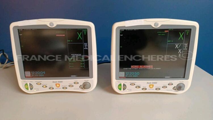 Lot of 2 x GE Medical Patient Monitors Dash 5000 - YOM 2008/2012 - S/W 7.3 - Options 4PS - CO2 - 12SL - ACI-TIPI - TEND HT-AMPL - Network - Cardio Pulmonary - Cardiac - FIB Atrial - ECG Intellirate - AVOA Plus (Both Power Up - French Language - Cosmetic