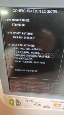 Lot of 2 x GE Medical Patient Monitors Dash 5000 - YOM 2008/2012 - S/W 7.3 - Options 4PS - CO2 - 12SL - ACI-TIPI - TEND HT-AMPL - Network - Cardio Pulmonary - Cardiac - FIB Atrial - ECG Intellirate - AVOA Plus (Both Power Up - French Language - Cosmetic - 8