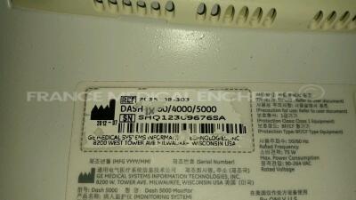 Lot of 2 x GE Medical Patient Monitors Dash 5000 - YOM 2008/2012 - S/W 7.3 - Options 4PS - CO2 - 12SL - ACI-TIPI - TEND HT-AMPL - Network - Cardio Pulmonary - Cardiac - FIB Atrial - ECG Intellirate - AVOA Plus (Both Power Up - French Language - Cosmetic - 14