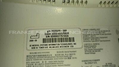 Lot of 2 x GE Medical Patient Monitors Dash 5000 - YOM 2008/2012 - S/W 7.3 - Options 4PS - CO2 - 12SL - ACI-TIPI - TEND HT-AMPL - Network - Cardio Pulmonary - Cardiac - FIB Atrial - ECG Intellirate - AVOA Plus (Both Power Up - French Language - Cosmetic - 15