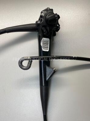 Fujinon Gastroscope EG-590WR Engineer report: Optical system no fault, Angulation system broken, Insertion tube little pinch, Light transmission no fault found , Distal sheath missing Channels no fault found, Leak check no fault found *2G348K073