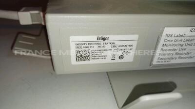 Lot of 3 x Drager Patient Monitors Infinity Delta - YOM 2009 - S/W VF8.2-W - w/ 3 x Drager Infinity Docking Stations - YOM 2009/2017/2018 and 3 x SPO2 Sensors (All power up - French Language - See Pictures) *6105421180/6001580374/6001516079/5469652357/600 - 10