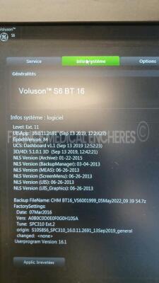 GE Ultrasound Voluson S6 BT 16 - YOM 2020 - S/W 16.0.11 - Options - XTD - Advanced SRI - IOTA LR2 - IEC62359 Ed.2 - BT Activation w/ GE Probe C1-5-RS - YOM 2020 (Powers up) *VS6003786* - 6