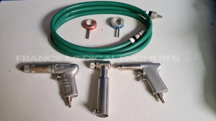 Lot of 4 x Synthes Pneumatic Orthopedic Motor Unknown Model with Attachments, 4 x Pneumatic Hoses and 2 x Tightening Keys and a lot of drills and 1x 3M Pneumatic Orthopedic Motor Powered Metaphyseal Stapler System with 4x Saw Supports, Saws and Pneumati