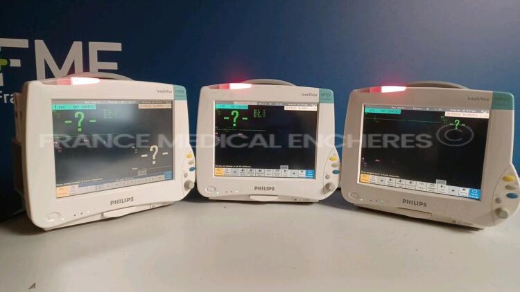 Lot of 3 x Philips Patient Monitors Intellivue Anesthesia MP50 - YOM 2006 - S/W D.00.58 - French Language - w/ 3 x Philips Modules M3001A - YOM 2011 / 2006 (All power up) *DE44032139/DE44032096/DE44032085*