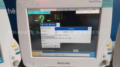 Lot of 3 x Philips Patient Monitors Intellivue Anesthesia MP50 - YOM 2006 - S/W D.00.58 - French Language - w/ 3 x Philips Modules M3001A - YOM 2011 / 2006 (All power up) *DE44032139/DE44032096/DE44032085* - 3