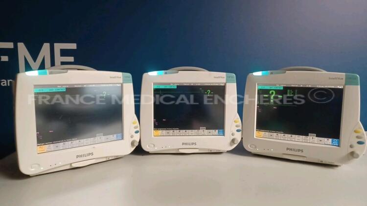 Lot of 3 x Philips Patient Monitors Intellivue Anesthesia MP50 - YOM 2006 - S/W D.00.58 - French Language - w/ 3 x Philips Modules M3001A - YOM 2021 /2011/2009 (All power up) *DE44032088/DE44032091/DE44032169*