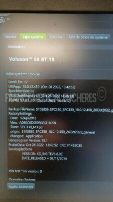 GE Ultrasound Voluson S8 BT18 - YOM 2020 - S/W 18.0.12.450 - Options - Advanced 3D/4D Package - HDlive - Advanced VCI - SonoAVC - Vocal II - XTD - Anatomical M-Mode - Scan Assistant - IOTA LR2 - IOTA Simple Rules - DVD USB Recorder - IEC62359 Ed.2 - BT Ac - 6