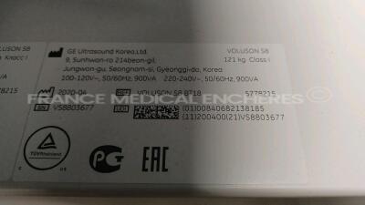 GE Ultrasound Voluson S8 BT18 - YOM 2020 - S/W 18.0.12.450 - Options - Advanced 3D/4D Package - HDlive - Advanced VCI - SonoAVC - Vocal II - XTD - Anatomical M-Mode - Scan Assistant - IOTA LR2 - IOTA Simple Rules - DVD USB Recorder - IEC62359 Ed.2 - BT Ac - 11