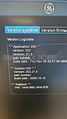 GE Ultrasound Vivid S60N - YOM 11/2018 - S/W 202 - Options contrast VG - view X - AFI - 2D auto EF - tissue tracking -w/ 3Sc-RS Probe YOM 12/2022 (Powers up) *1198032WX3/200880S60N* - 5