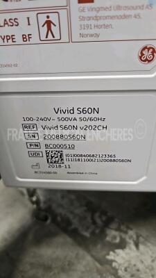 GE Ultrasound Vivid S60N - YOM 11/2018 - S/W 202 - Options contrast VG - view X - AFI - 2D auto EF - tissue tracking -w/ 3Sc-RS Probe YOM 12/2022 (Powers up) *1198032WX3/200880S60N* - 14