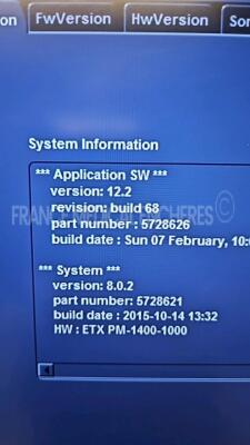 GE Ultrasound Vivid S6 - YOM 03/2014 - S/W 12.2 one probe plug to be repaired see picture -one missing wheel housing - cosmetic damage ( see picture) Options ATO/ASO - TM anatomic - tissue velocity imaging and tissue tracking - logiq view - virtual convex - 7