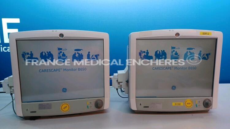 Lot of 2 x GE Patient Monitors Carescape B650 -YOM 2010 - w/ 2 x E-PSM-00 Module and 2 x E-CAIO-00 module (Both Power up) *SEW10405722HA/SEW10467215HA*