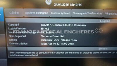 GE Ultrasound Versana Essential - YOM 06/2018 - S/W R1.0.6 w/ GE Probes L5-11-RS - 2018/09 and C2-5-RS - YOM 2018/09 (Powers up) *6021855WX0* - 5