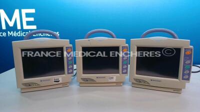 Lot of 3 x Nihon Kohden Beside Monitors BSM-2301K with ECG/PRESS CO2/SPO2/NIBP plugs YOM 200/-2008 (All Power up) *289140/24673/25719*