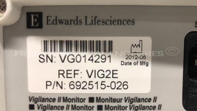 Edwards Patient Monitor Vigilance II - YOM 2012 - S/W 00.80 - no power cable (Powers up) - 6