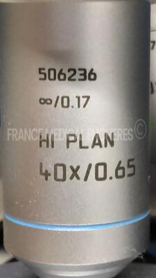 Leica Microscope DM 1000 - YOM 2009 w/ Binoculars PL10x/20 - Optic Hi Plan 100x/1.25 and Optic Hi Plan 20x/0.40 and Optic Hi Plan 40x/0.65 (Powers up) - 8