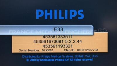 Philips Ultrasound IE33 - YOM 07/2008 - S/W 5.2.2.44 - Options TMQ advanced - Clinical option adult cardiology - Acquisition Protocol (Stress echo) - Netlink Dicom 3.0 - Clinical option compact adapter capability - Language option french - IMT - ROI tools - 6