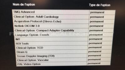 Philips Ultrasound IE33 - YOM 07/2008 - S/W 5.2.2.44 - Options TMQ advanced - Clinical option adult cardiology - Acquisition Protocol (Stress echo) - Netlink Dicom 3.0 - Clinical option compact adapter capability - Language option french - IMT - ROI tools - 7