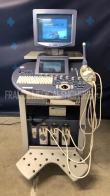 GE Ultrasound Voluson 730 Expert - YOM 2007 - S/W 5.3.0 - Options - DICOM - SRI II - Activation BT w/ GE Probe RAB4-8L - YOM 2008 and GE Probe 4C-A - YOM 2019 and GE Probe RIC5-9H - YOM 2006 and Sony Printer UP-897 MD and Footswitch (Powers up)