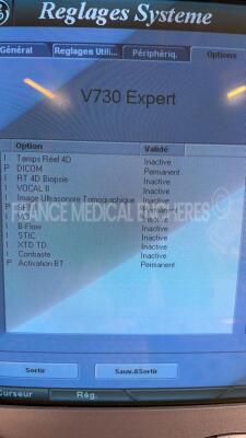 GE Ultrasound Voluson 730 Expert - YOM 2007 - S/W 5.3.0 - Options - DICOM - SRI II - Activation BT w/ GE Probe RAB4-8L - YOM 2008 and GE Probe 4C-A - YOM 2019 and GE Probe RIC5-9H - YOM 2006 and Sony Printer UP-897 MD and Footswitch (Powers up) - 24