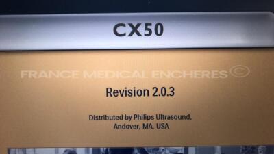 Philips Ultrasound CX50 - YOM 11/2010 - S/W 2.0.3 - Options Acute care - DICOM network -3D manual - Integration mode -Physical - SonoCT - TDI w/ Philips Probe L12-3 and Philips Probe C5-1 and Philips Cart CX - YOM 2010 ( Powers up) - 6