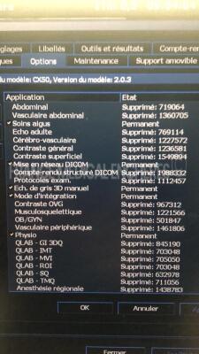 Philips Ultrasound CX50 - YOM 11/2010 - S/W 2.0.3 - Options Acute care - DICOM network -3D manual - Integration mode -Physical - SonoCT - TDI w/ Philips Probe L12-3 and Philips Probe C5-1 and Philips Cart CX - YOM 2010 ( Powers up) - 7