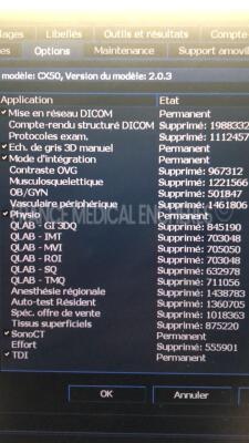 Philips Ultrasound CX50 - YOM 11/2010 - S/W 2.0.3 - Options Acute care - DICOM network -3D manual - Integration mode -Physical - SonoCT - TDI w/ Philips Probe L12-3 and Philips Probe C5-1 and Philips Cart CX - YOM 2010 ( Powers up) - 8