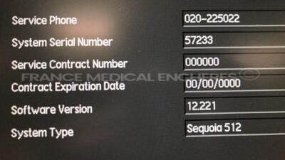 Acuson Ultrasound Sequoia 512 S/W 12.221 - Options - CPS-General imaging - CPS Capture - Cadence trig burst - Calc data to MO - DICOM store SCU/SR - Driving experience 7 - Driving experience 8 - Dual linear Extended trigger - GI auto doppler - High HR ECG - 7