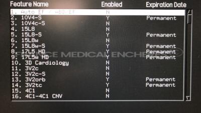 Acuson Ultrasound Sequoia 512 S/W 12.221 - Options - CPS-General imaging - CPS Capture - Cadence trig burst - Calc data to MO - DICOM store SCU/SR - Driving experience 7 - Driving experience 8 - Dual linear Extended trigger - GI auto doppler - High HR ECG - 8