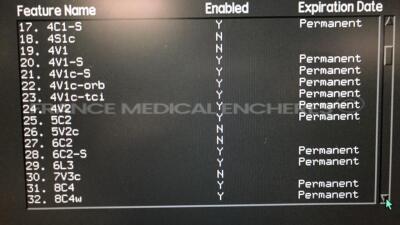 Acuson Ultrasound Sequoia 512 S/W 12.221 - Options - CPS-General imaging - CPS Capture - Cadence trig burst - Calc data to MO - DICOM store SCU/SR - Driving experience 7 - Driving experience 8 - Dual linear Extended trigger - GI auto doppler - High HR ECG - 9