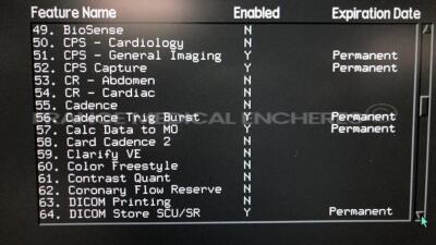 Acuson Ultrasound Sequoia 512 S/W 12.221 - Options - CPS-General imaging - CPS Capture - Cadence trig burst - Calc data to MO - DICOM store SCU/SR - Driving experience 7 - Driving experience 8 - Dual linear Extended trigger - GI auto doppler - High HR ECG - 11