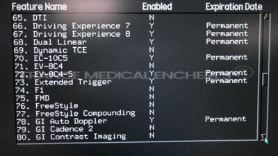 Acuson Ultrasound Sequoia 512 S/W 12.221 - Options - CPS-General imaging - CPS Capture - Cadence trig burst - Calc data to MO - DICOM store SCU/SR - Driving experience 7 - Driving experience 8 - Dual linear Extended trigger - GI auto doppler - High HR ECG - 12