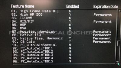 Acuson Ultrasound Sequoia 512 S/W 12.221 - Options - CPS-General imaging - CPS Capture - Cadence trig burst - Calc data to MO - DICOM store SCU/SR - Driving experience 7 - Driving experience 8 - Dual linear Extended trigger - GI auto doppler - High HR ECG - 13