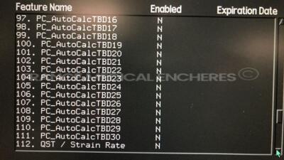 Acuson Ultrasound Sequoia 512 S/W 12.221 - Options - CPS-General imaging - CPS Capture - Cadence trig burst - Calc data to MO - DICOM store SCU/SR - Driving experience 7 - Driving experience 8 - Dual linear Extended trigger - GI auto doppler - High HR ECG - 14
