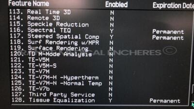 Acuson Ultrasound Sequoia 512 S/W 12.221 - Options - CPS-General imaging - CPS Capture - Cadence trig burst - Calc data to MO - DICOM store SCU/SR - Driving experience 7 - Driving experience 8 - Dual linear Extended trigger - GI auto doppler - High HR ECG - 15