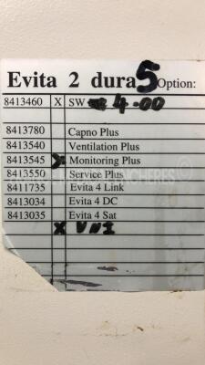 Drager Ventilator Evita 2 Dura - YOM 1999 - S/W 04.00 - Count 71920H - Options - Monitoring Plus - VNI (Powers up) - 7