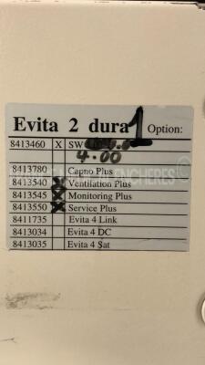 Drager Ventilator Evita 2 Dura - YOM 1999 - S/W 04.00 - Count 96641H - Options - Ventilation Plus - Monitoring Plus - Service Plus (Powers up) - 7