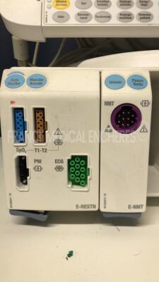 GE Patient Monitor D-FDP15-00 - YOM 2008 w/ GE module rack FCU 8 11 VG1 GE YOM 2008 - E-RESTN module (SPO2/T1-T2/PNI/ECG - E-NMT module (Powers up) - 8