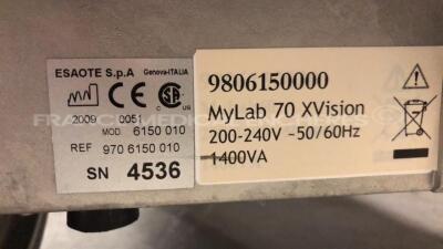 Esaote Ultrasound Mylab 70 X Vision - YOM 2010 - S/W 6.10 - options X view - TP view - autogain - M view - w/ LA 435 probe - LA 523 10 -5 probe (Powers up) - 19