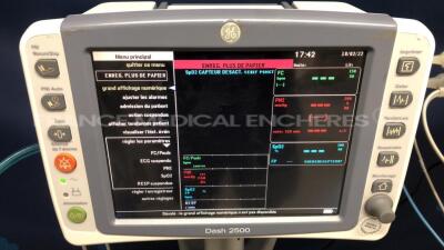 Lot of 2 GE Vital Signs Monitors Dash 2500 - one has SPO2 parameters issue - w/ ECG and SPO2 sensors (Both power up) - 5