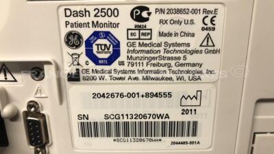 Lot of 2 GE Vital Signs Monitors Dash 2500 - one has SPO2 parameters issue - w/ ECG and SPO2 sensors (Both power up) - 10