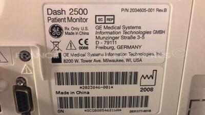 Lot of 2 GE Vital Signs Monitors Dash 2500 - w/ ECG and SPO2 sensors (Both power up) - 9