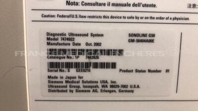 Siemens Ultrasound Sonoline G50 - YOM 2002 -w/ EC9-4 probe - VF 13-5 probe - 7.5L70 probe - C5-2 probe (Powers up) - 28