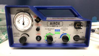 Airox Ventilator AXR 1a w/ 6 Intersurgical Smoothbore Breathing System 1.6M Exhalation Valves AXR1 and 2 Teleflex Medical Humid Vent Filter Compact S 19412T and 3 Sartorius Stedim Single use Filters Unit - untested because of the missing power supply - de - 2