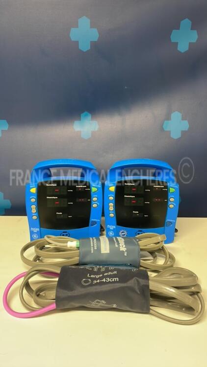 Lot of 2 GE Vital Signs Monitors Dinamap ProCare Auscultatory 100 - YOM 2005 w/ cuffs (Both power up)r up)