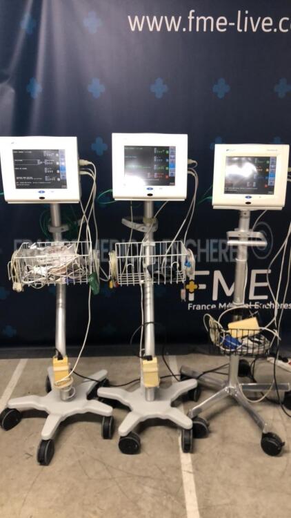 Lot of 3 Spacelabs Patient Monitors Ultraview SL - S/W 2.02.05 w/ ECG sensors and SPO2 sensors and Cuffs - All power up